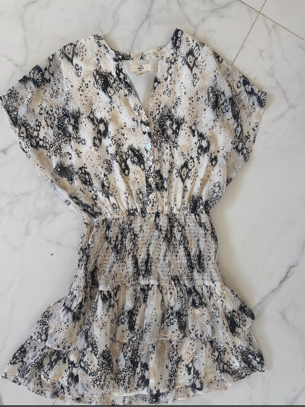 Entro Medium Black, White & Cream Printed Women's smocked tiered mini dress